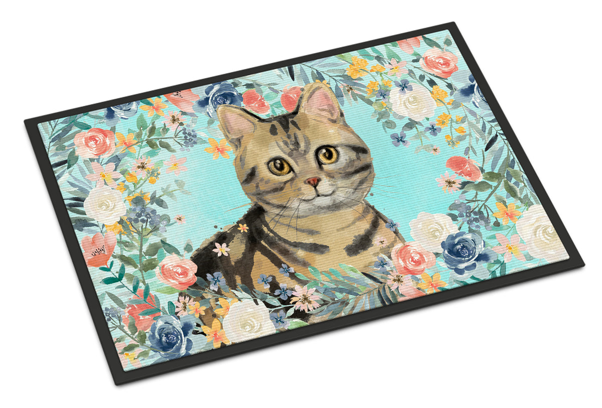 American Shorthair Brown Tabby Spring Flowers Indoor or Outdoor Mat 18x27 CK3387MAT - the-store.com