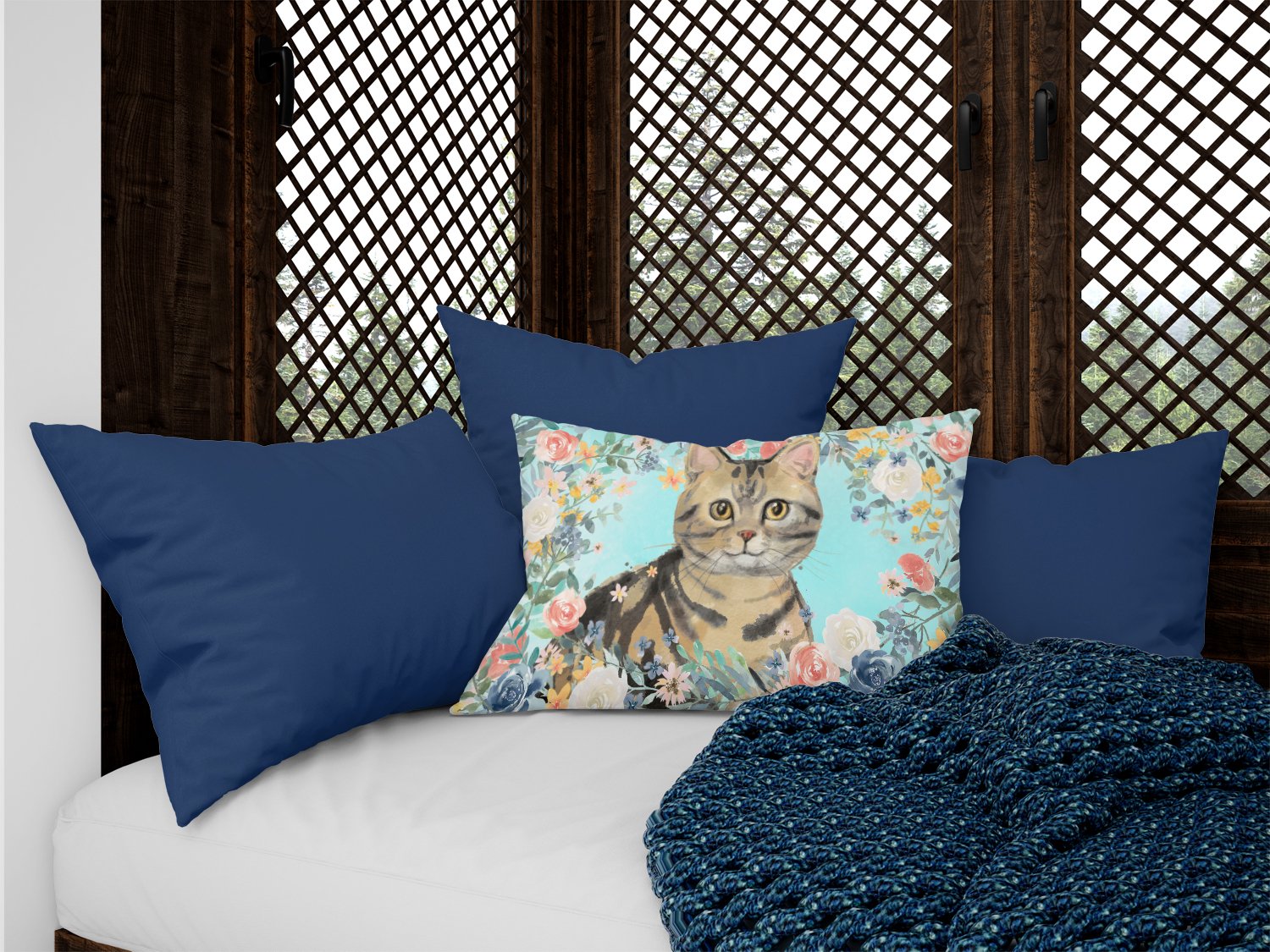 American Shorthair Brown Tabby Spring Flowers Canvas Fabric Decorative Pillow CK3387PW1216 by Caroline's Treasures