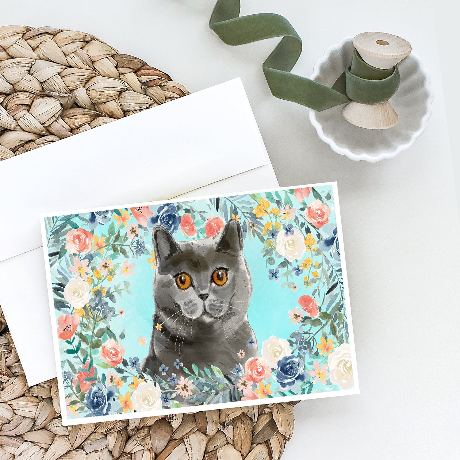 Caroline's Treasures British Shorthair Spring Flowers Greeting Cards - Blank Note Cards – 8-Pack of Artist-Designed Cards with Envelopes