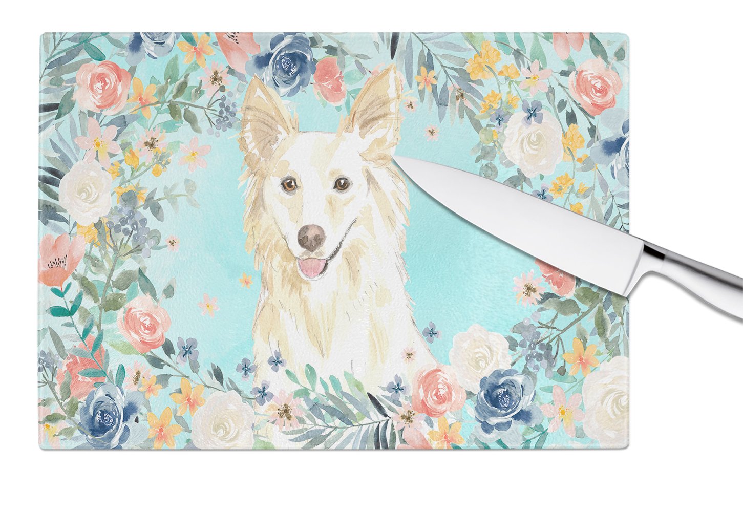 White Collie Glass Cutting Board Large CK3403LCB by Caroline's Treasures