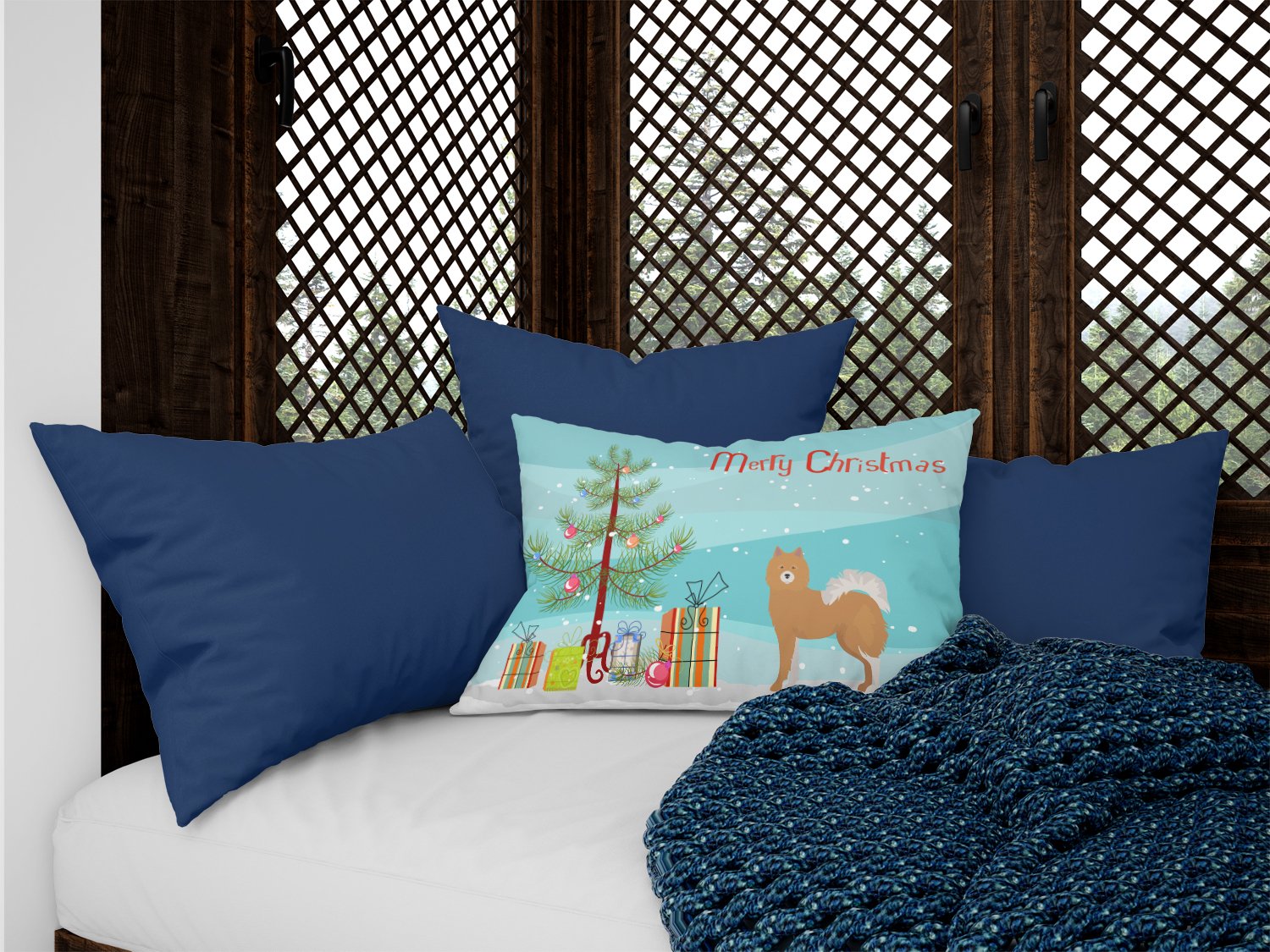 Brown & White Elo dog Christmas Tree Canvas Fabric Decorative Pillow CK3451PW1216 by Caroline's Treasures