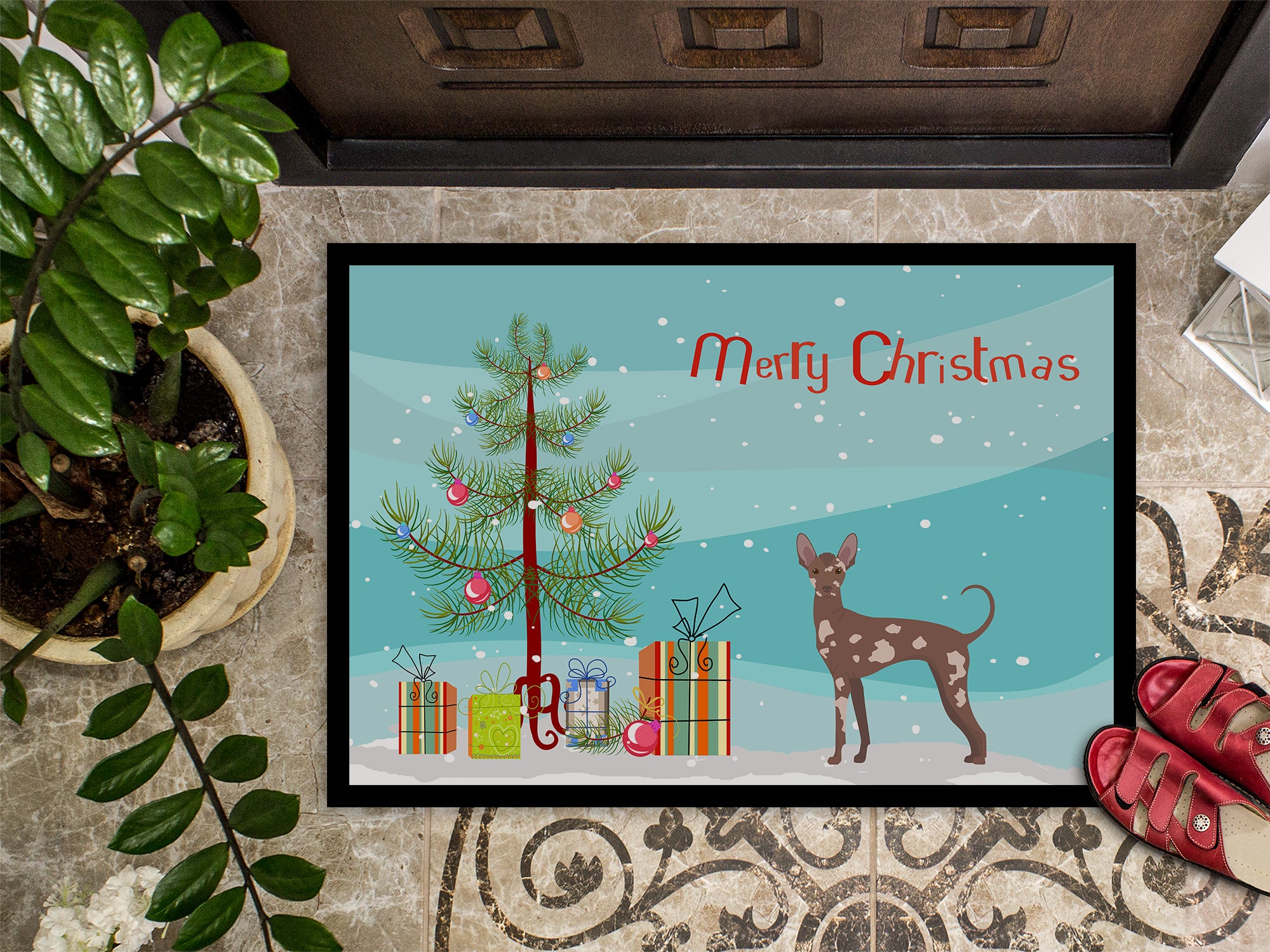 Mexican Hairless Dog Christmas Tree Indoor or Outdoor Mat 18x27 CK3473MAT - the-store.com
