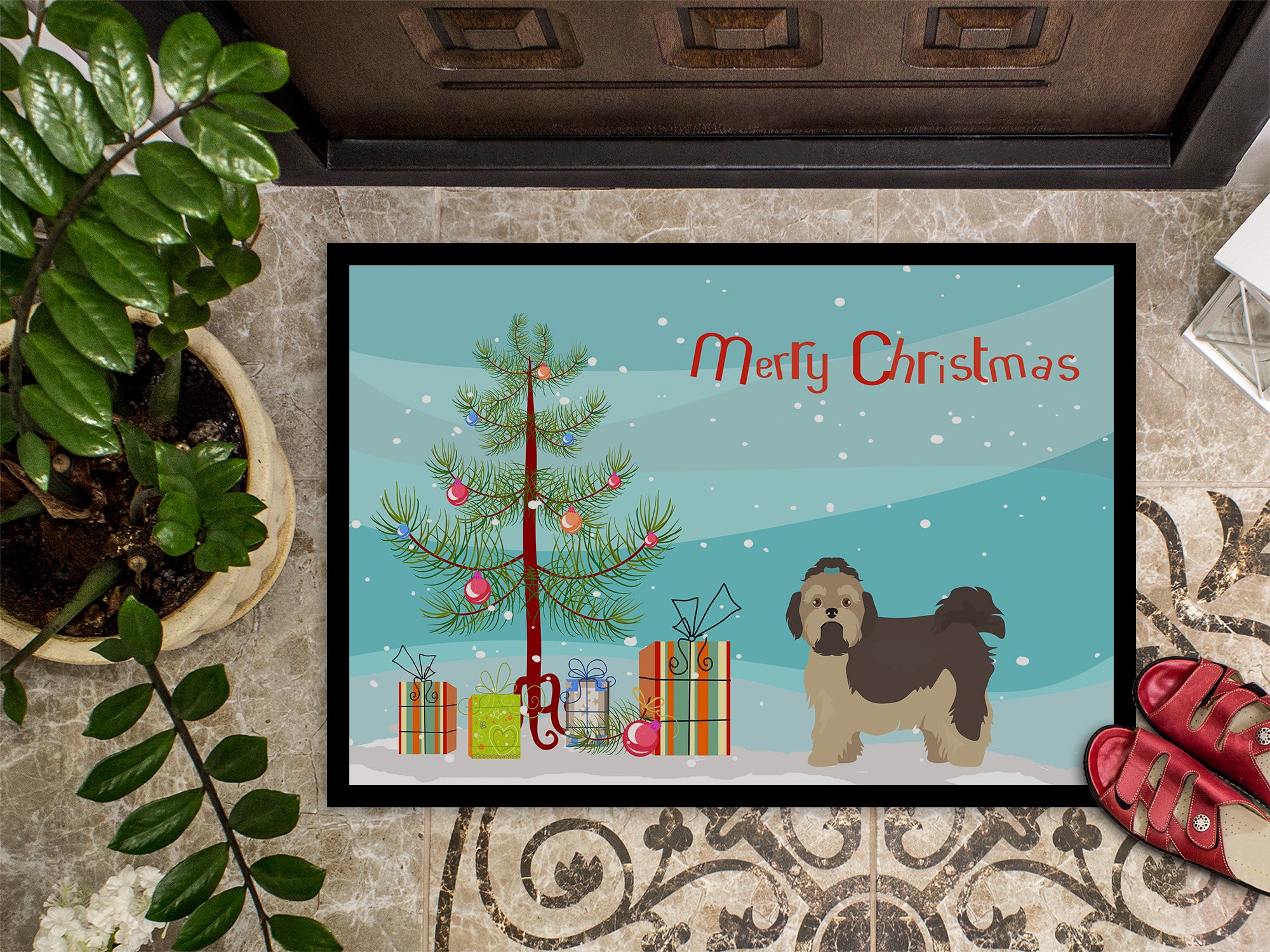 Russian Tsvetnaya Bolonka Lap Dog  Christmas Tree Indoor or Outdoor Mat 18x27 CK3483MAT - the-store.com