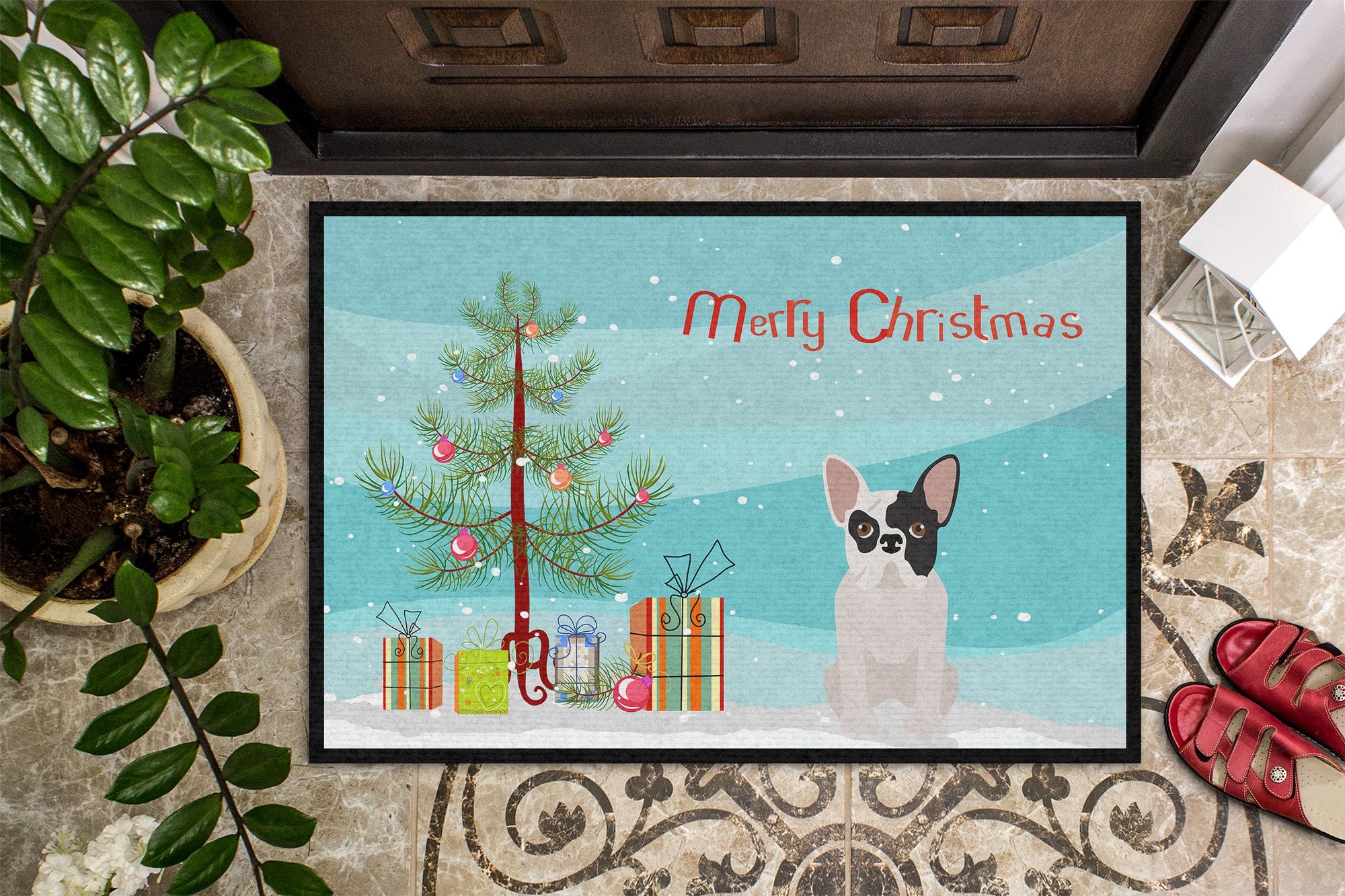 Black and White French Bulldog Christmas Tree Indoor or Outdoor Mat 24x36 CK3500JMAT by Caroline's Treasures