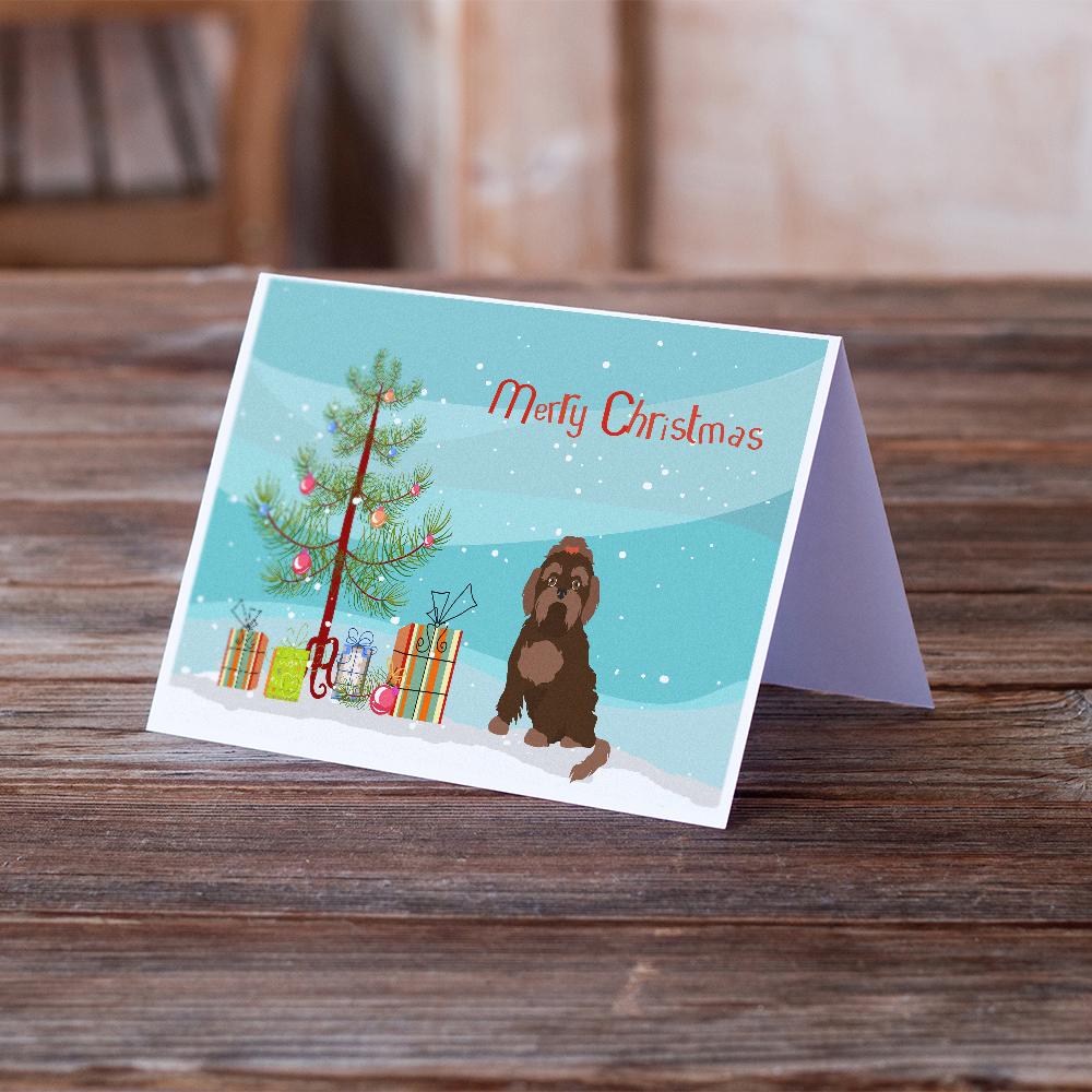 Brown Russian Tsvetnaya Bolonka Lap Dog  Christmas Tree Greeting Cards and Envelopes Pack of 8 - the-store.com