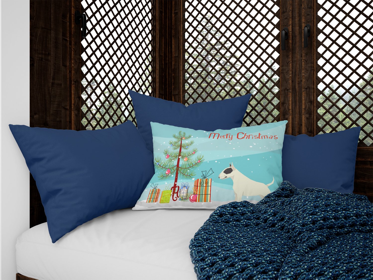 Black and White Bull Terrier Christmas Tree Canvas Fabric Decorative Pillow CK3527PW1216 by Caroline's Treasures