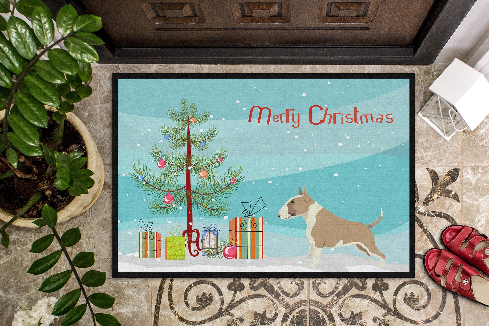 Fawn and White Bull Terrier Christmas Tree Indoor or Outdoor Mat 24x36 CK3528JMAT by Caroline's Treasures
