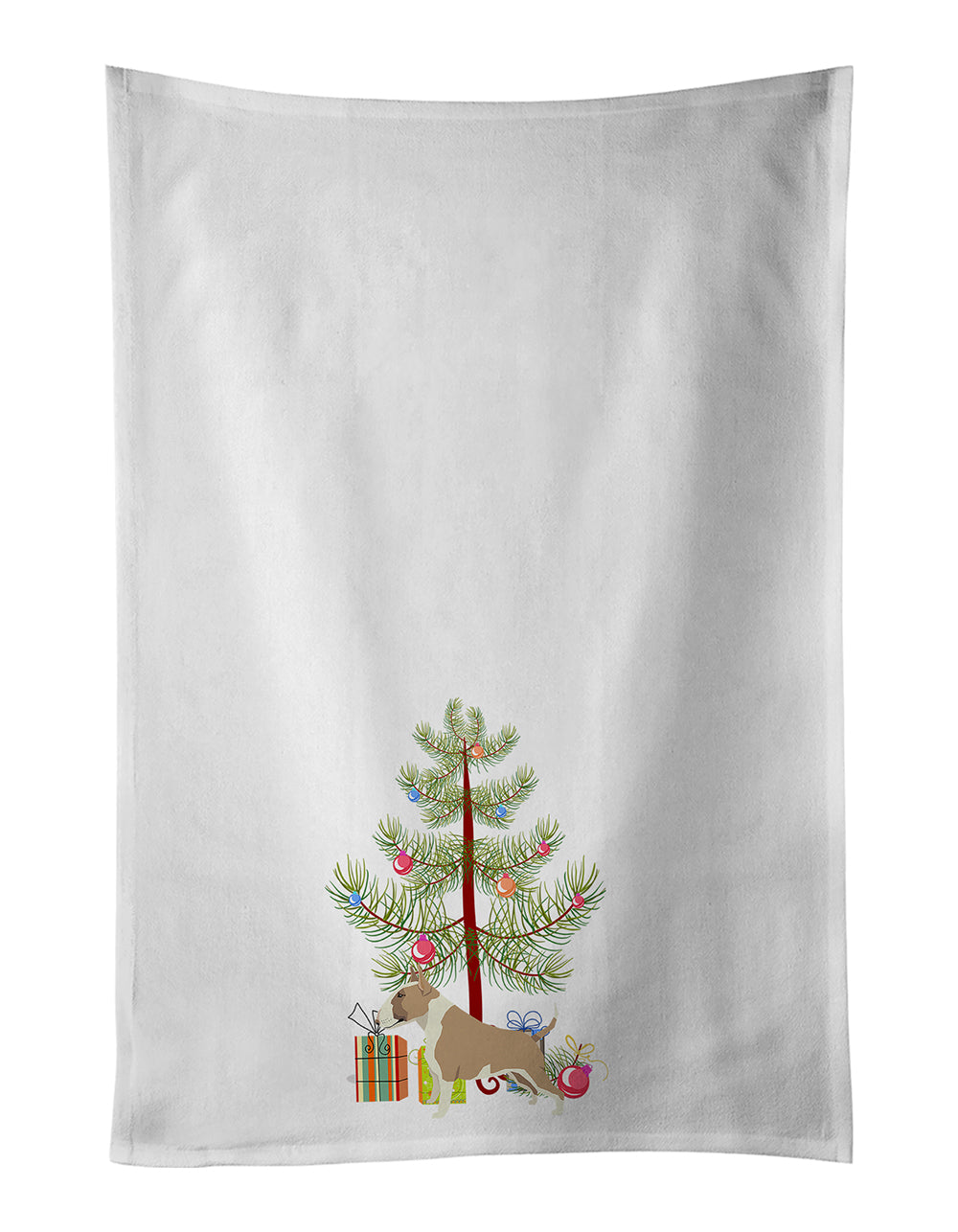 Buy this Fawn and White Bull Terrier Christmas Tree White Kitchen Towel Set of 2