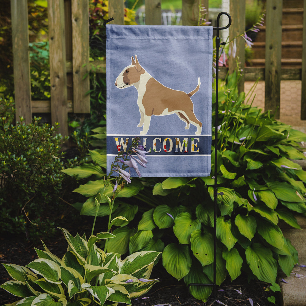 Fawn and White Bull Terrier Welcome Flag Garden Size CK3587GF  the-store.com.
