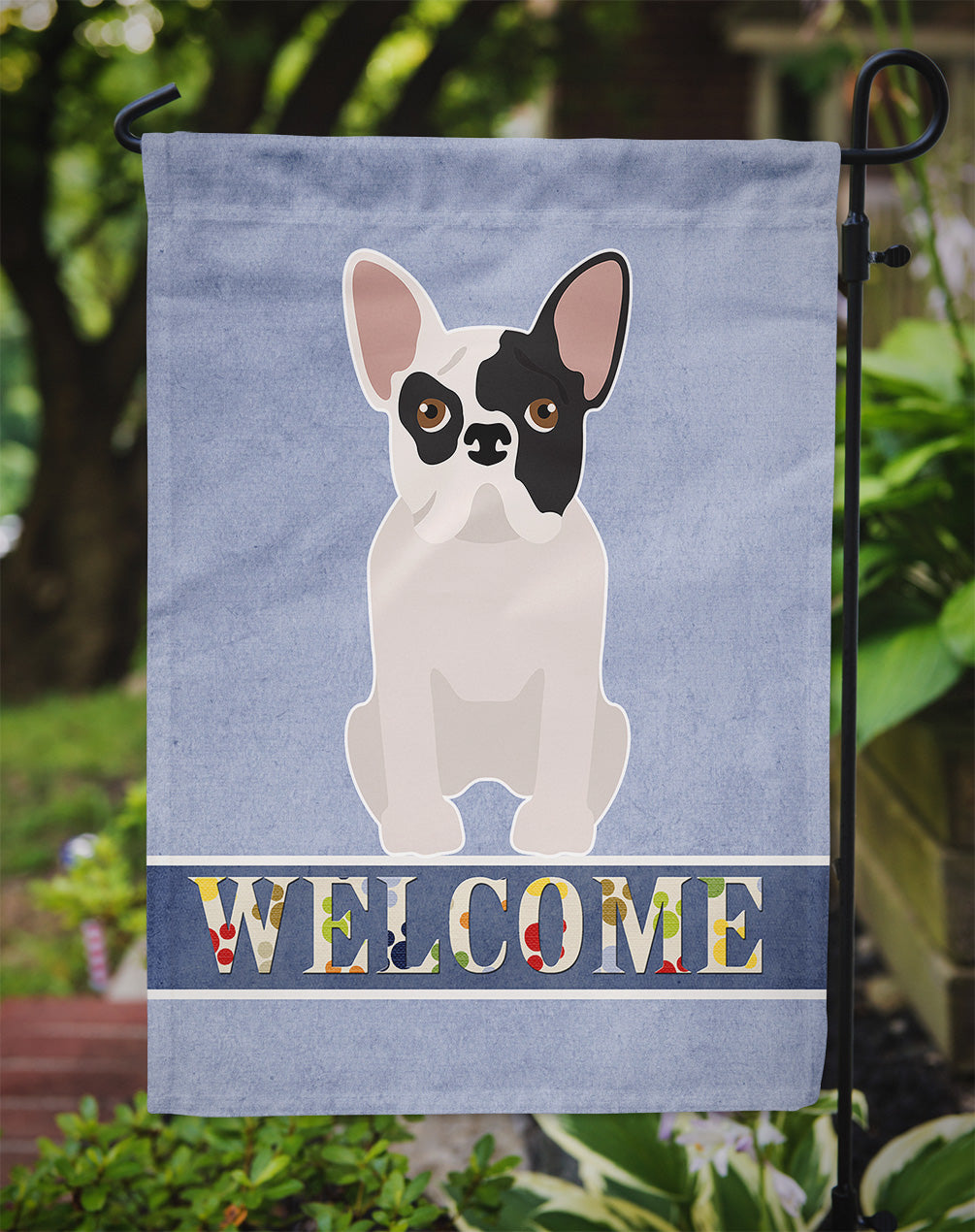 Black and White French Bulldog Welcome Flag Garden Size CK3692GF  the-store.com.