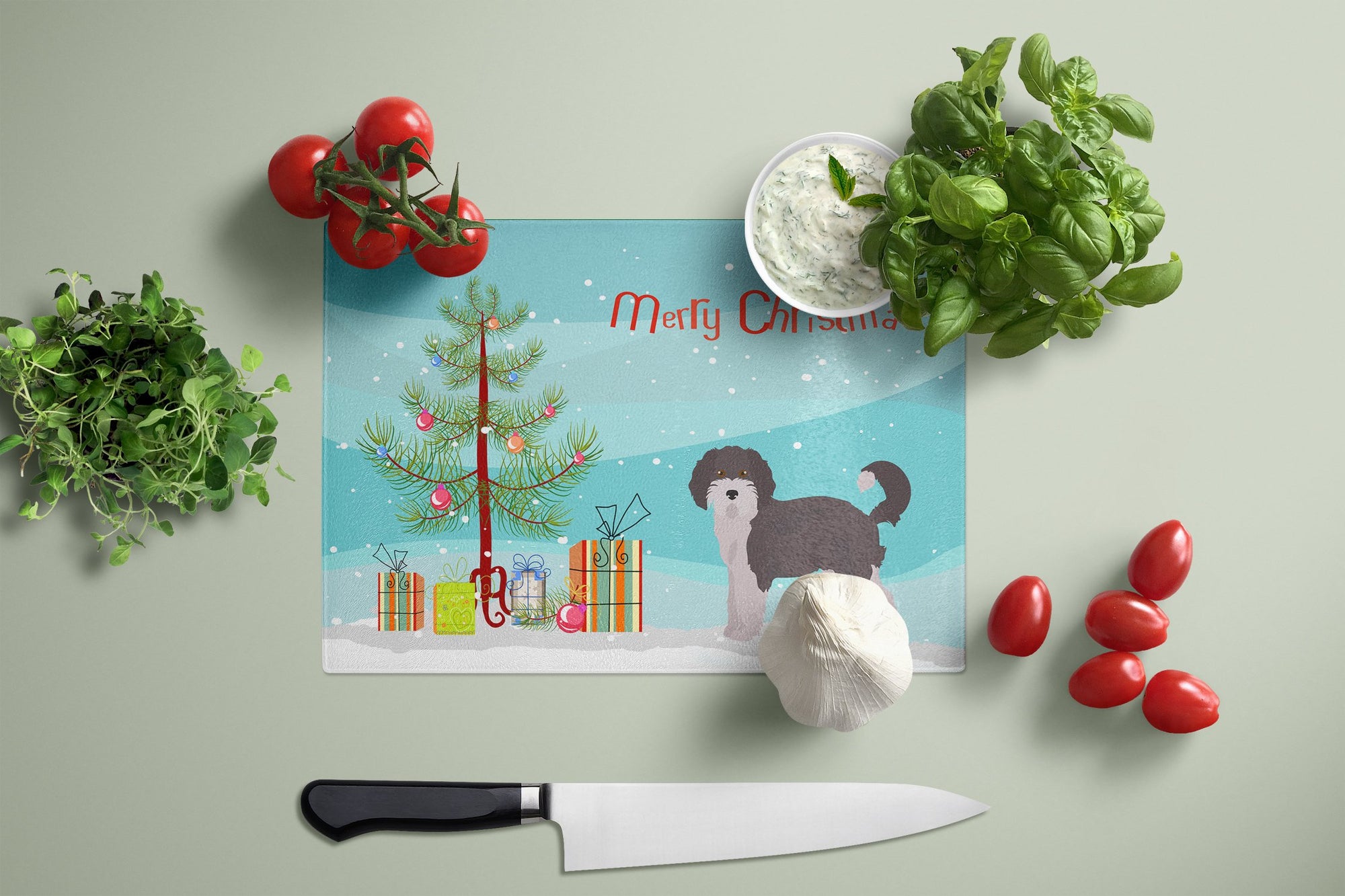 Aussiedoodle #1 Christmas Tree Glass Cutting Board Large CK3800LCB by Caroline's Treasures