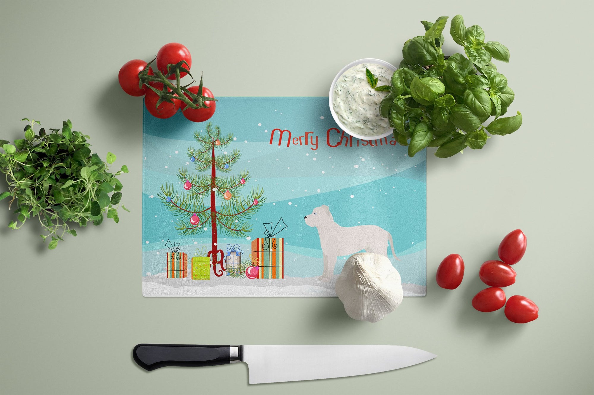 White Bullboxer Christmas Tree Glass Cutting Board Large CK3808LCB by Caroline's Treasures