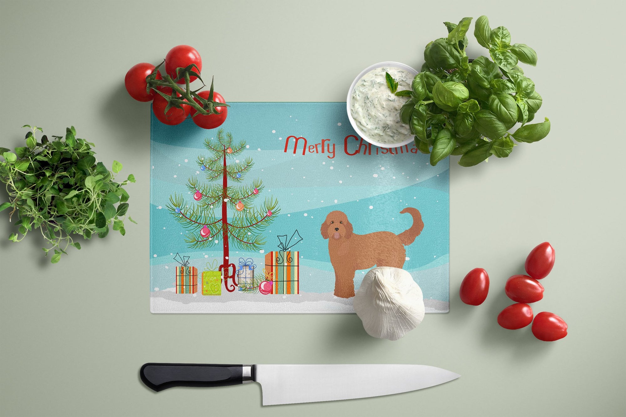 Tan Goldendoodle Christmas Tree Glass Cutting Board Large CK3839LCB by Caroline's Treasures