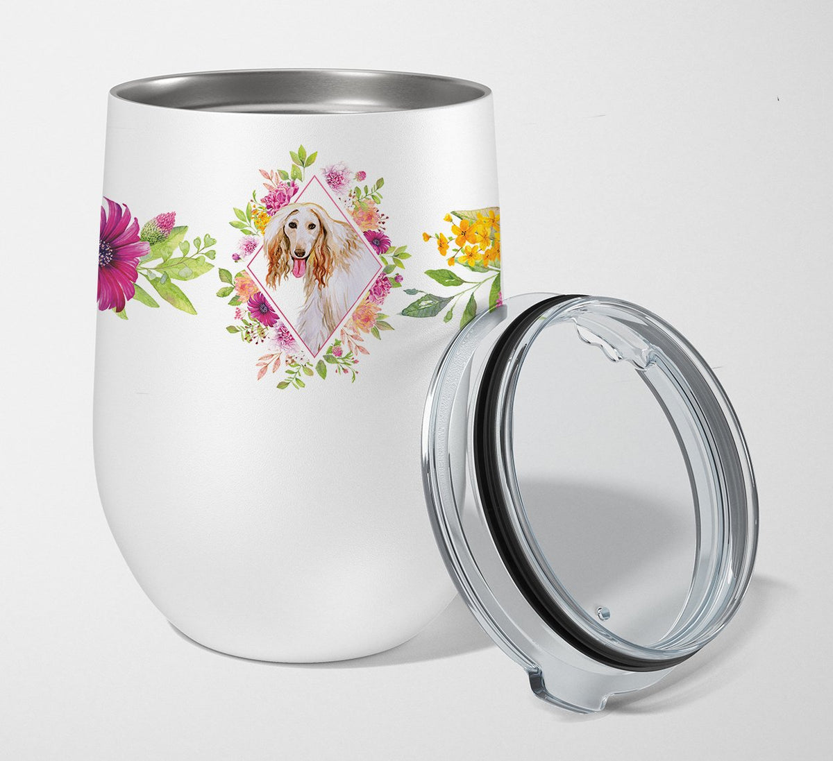 Afghan Hound Pink Flowers Stainless Steel 12 oz Stemless Wine Glass CK4110TBL12 by Caroline&#39;s Treasures