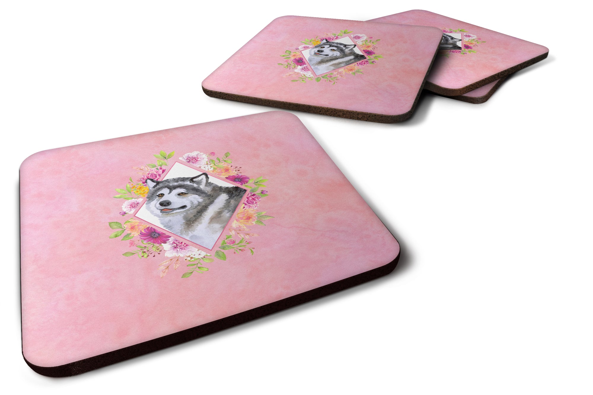 Set of 4 Alaskan Malamute Pink Flowers Foam Coasters Set of 4 CK4112FC - the-store.com