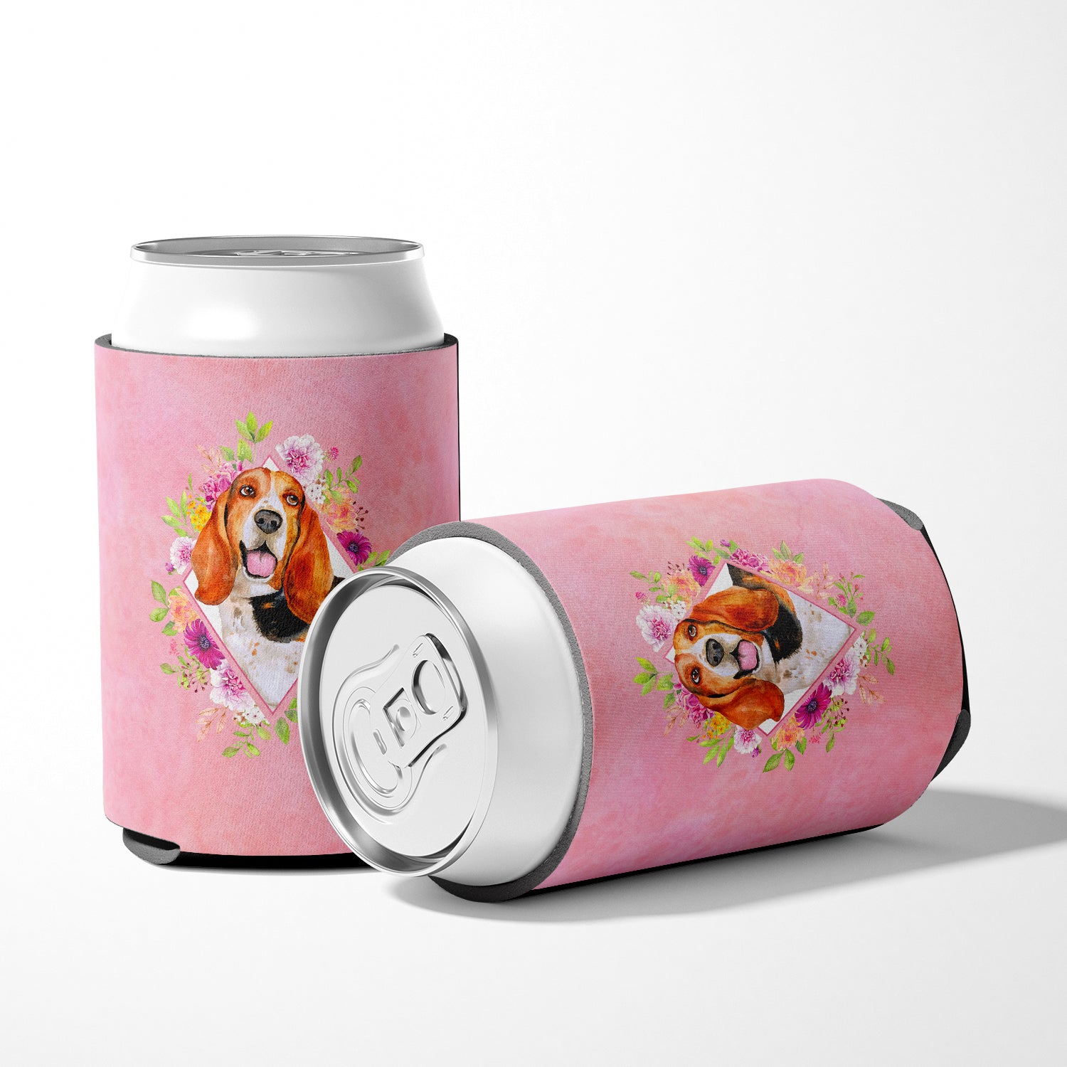 Basset Hound Pink Flowers Can or Bottle Hugger CK4116CC  the-store.com.
