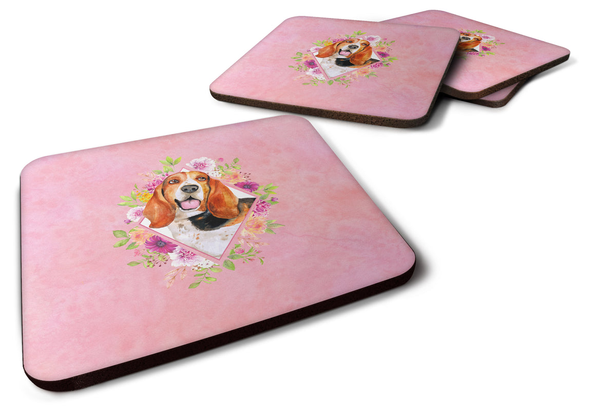 Set of 4 Basset Hound Pink Flowers Foam Coasters Set of 4 CK4116FC - the-store.com