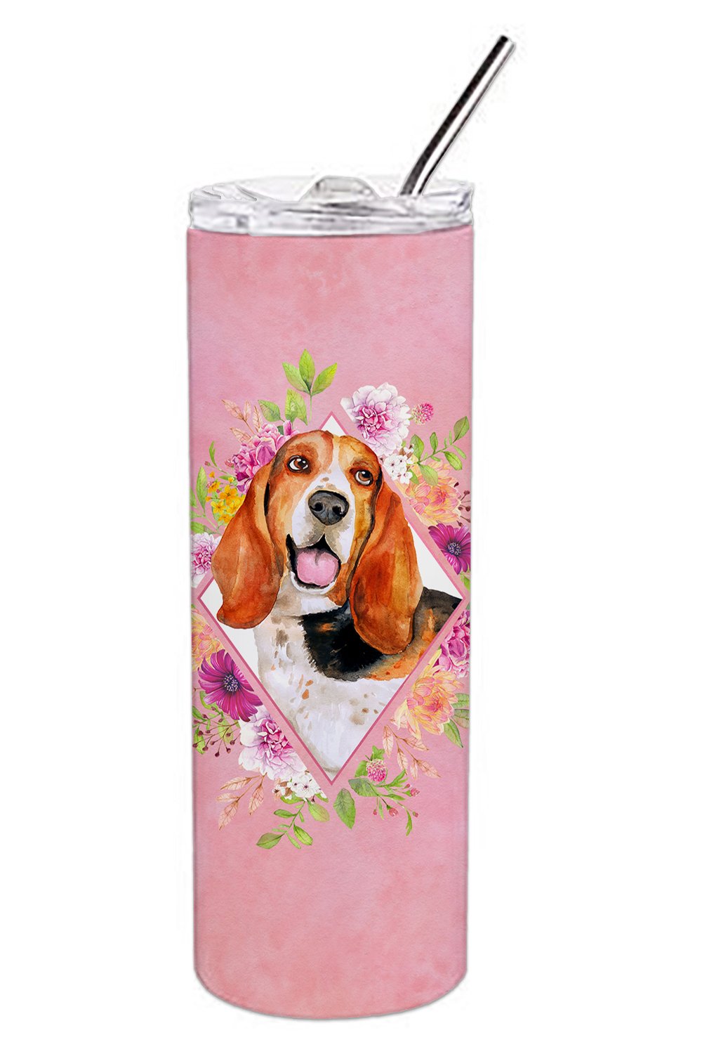 Basset Hound Pink Flowers Double Walled Stainless Steel 20 oz Skinny Tumbler CK4116TBL20 by Caroline&#39;s Treasures