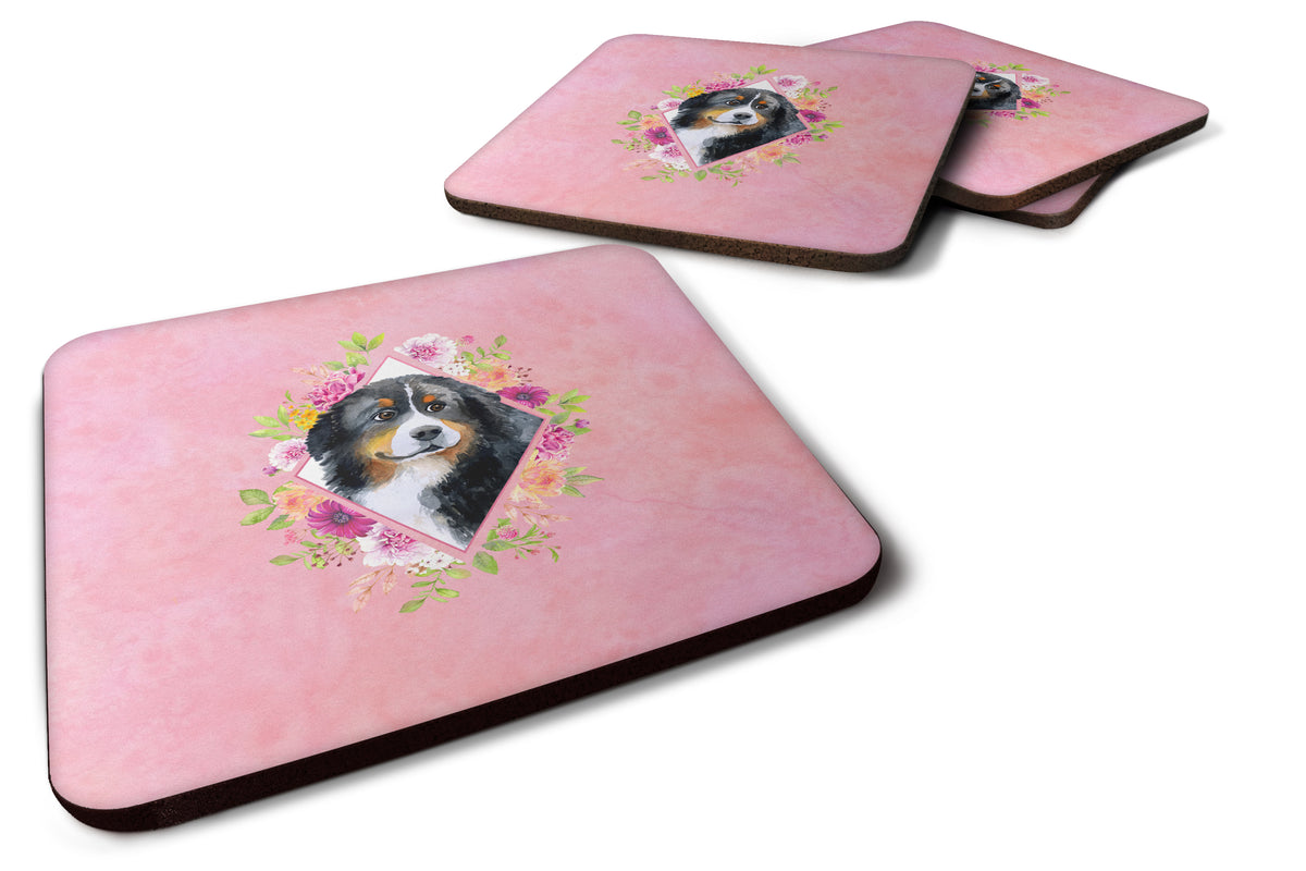 Set of 4 Bernese Mountain Dog Pink Flowers Foam Coasters Set of 4 CK4118FC - the-store.com