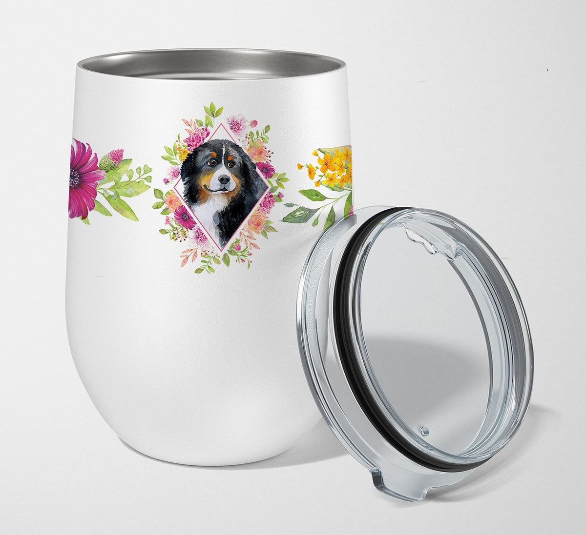 Bernese Mountain Dog Pink Flowers Stainless Steel 12 oz Stemless Wine Glass CK4118TBL12 by Caroline&#39;s Treasures