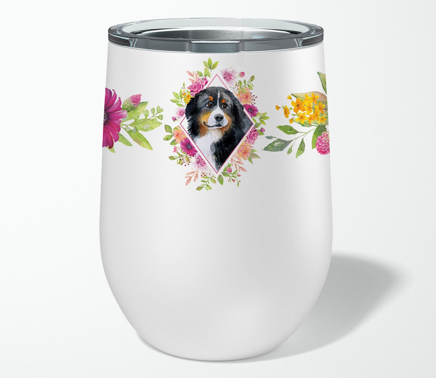 Bernese Mountain Dog Pink Flowers Stainless Steel 12 oz Stemless Wine Glass CK4118TBL12 by Caroline's Treasures