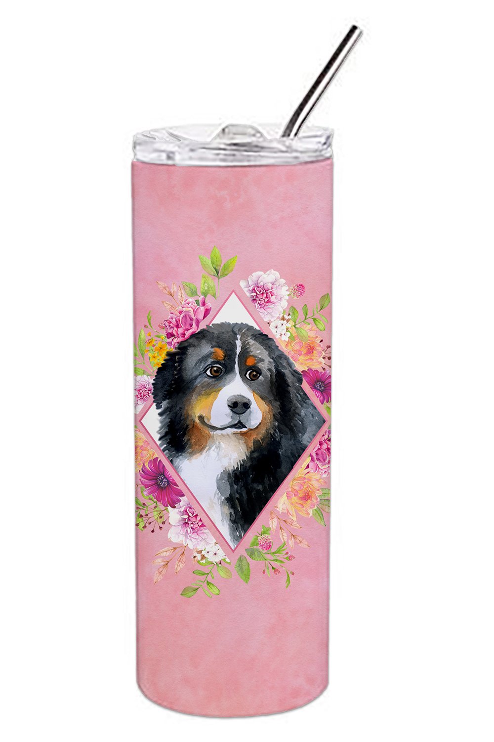 Bernese Mountain Dog Pink Flowers Double Walled Stainless Steel 20 oz Skinny Tumbler CK4118TBL20 by Caroline&#39;s Treasures