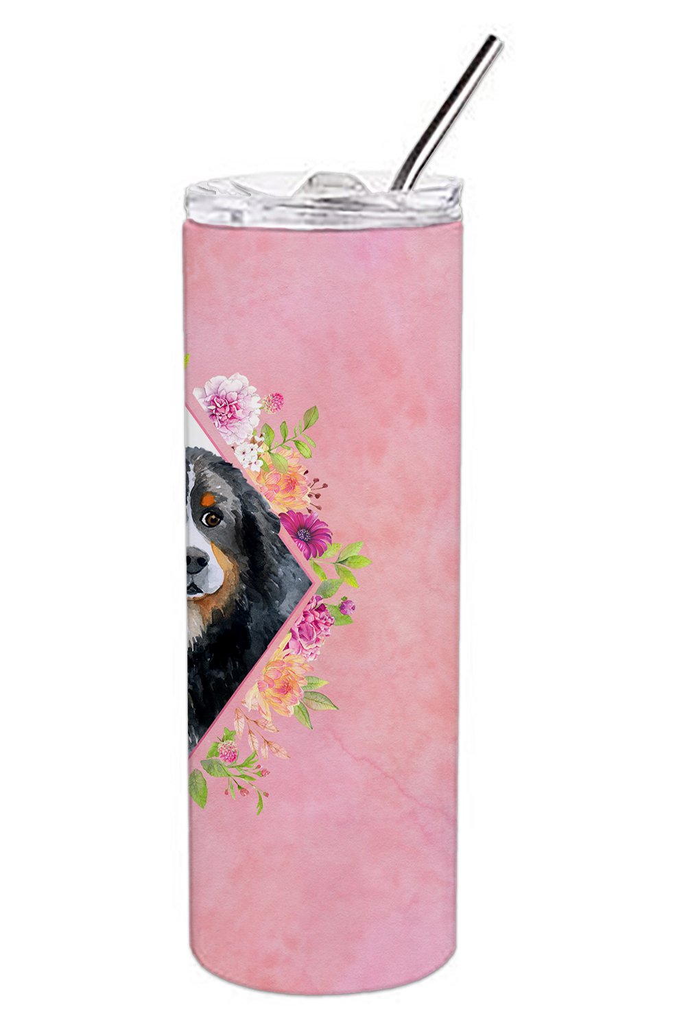 Bernese Mountain Dog Pink Flowers Double Walled Stainless Steel 20 oz Skinny Tumbler CK4118TBL20 by Caroline's Treasures