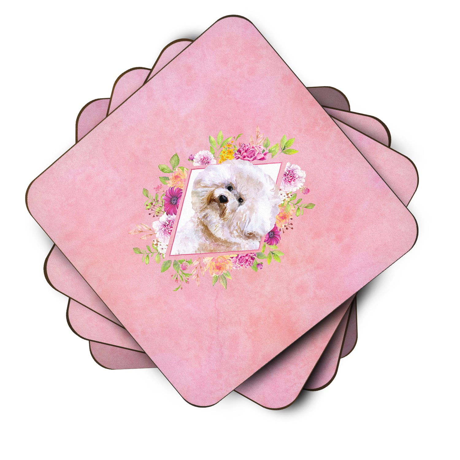 Set of 4 Bichon Fris? #1 Pink Flowers Foam Coasters Set of 4 CK4119FC - the-store.com