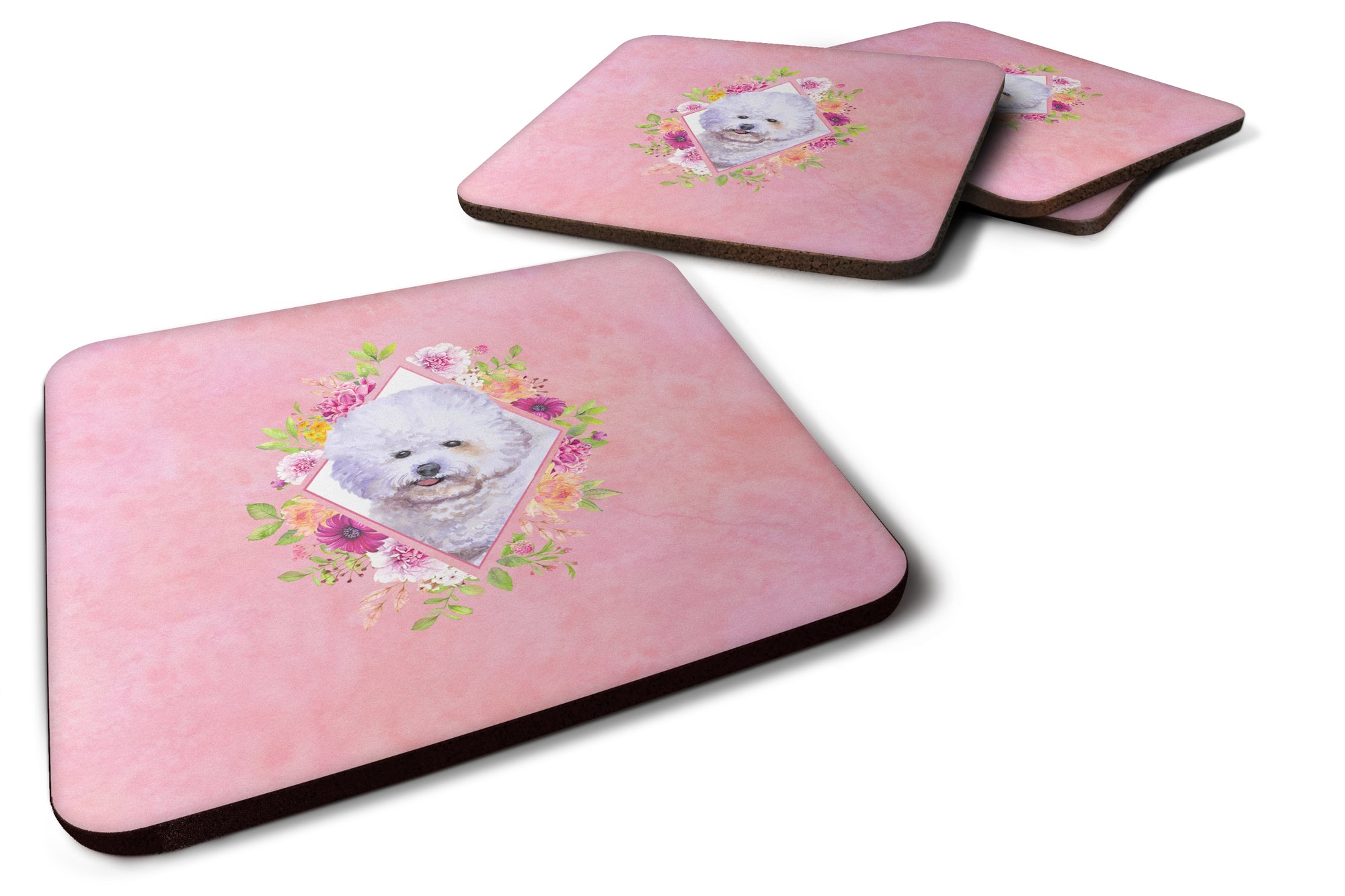 Set of 4 Bichon Fris? #2 Pink Flowers Foam Coasters Set of 4 CK4120FC - the-store.com