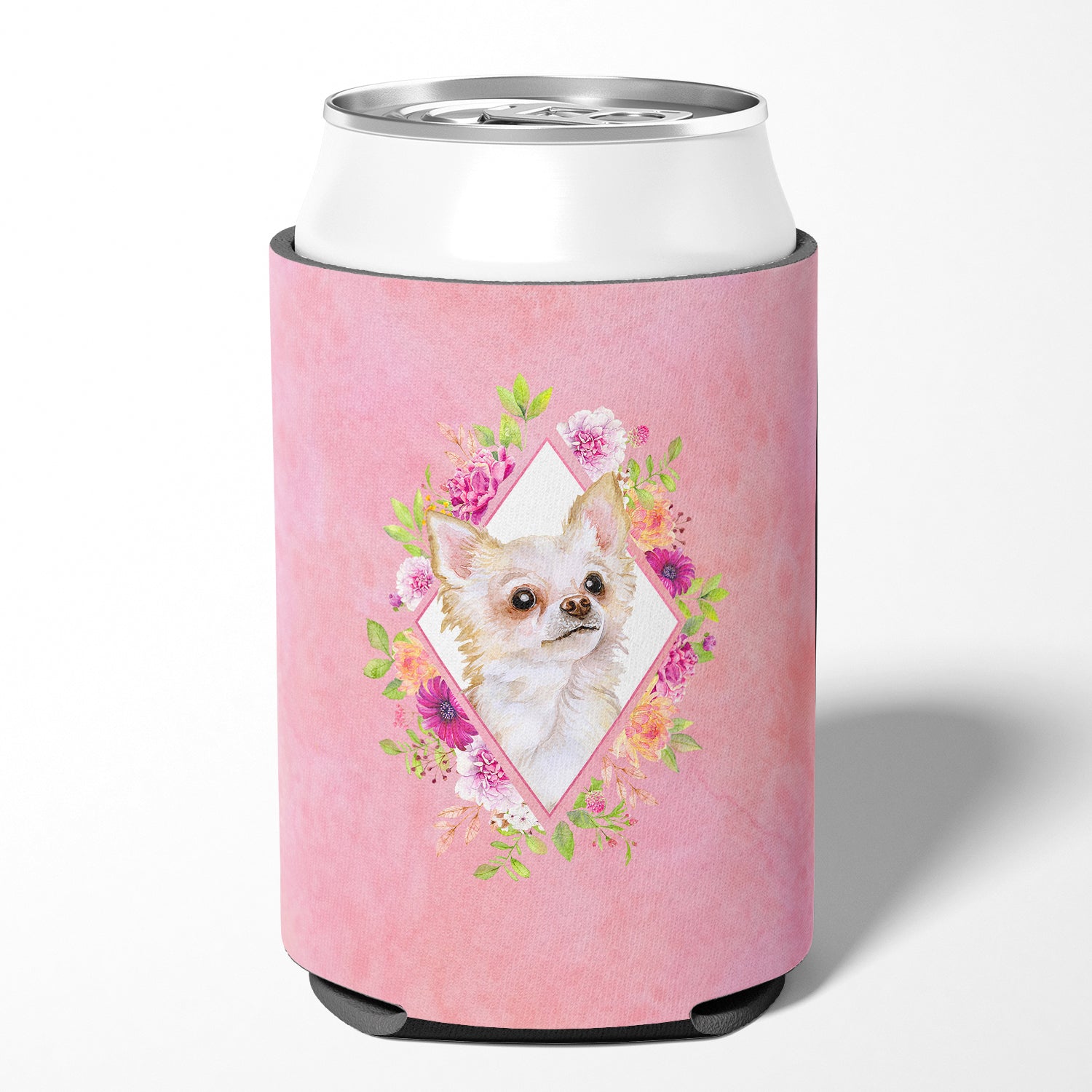 Long Hair Chihuahua Pink Flowers Can or Bottle Hugger CK4127CC