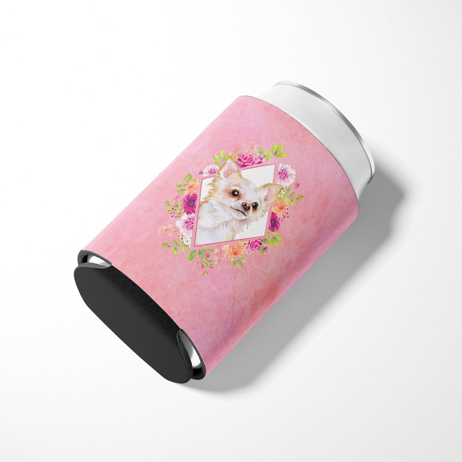 Long Hair Chihuahua Pink Flowers Can or Bottle Hugger CK4127CC  the-store.com.