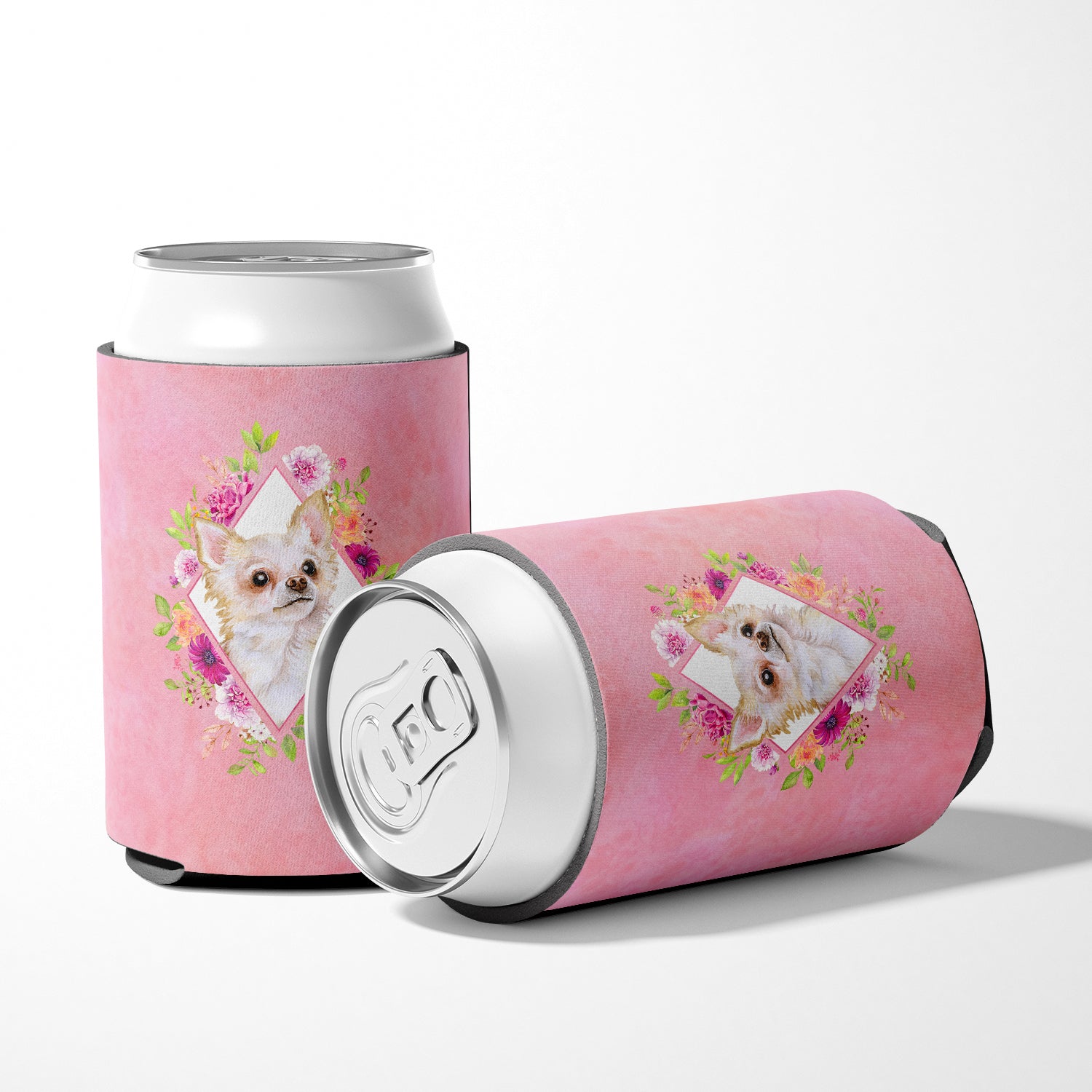 Long Hair Chihuahua Pink Flowers Can or Bottle Hugger CK4127CC