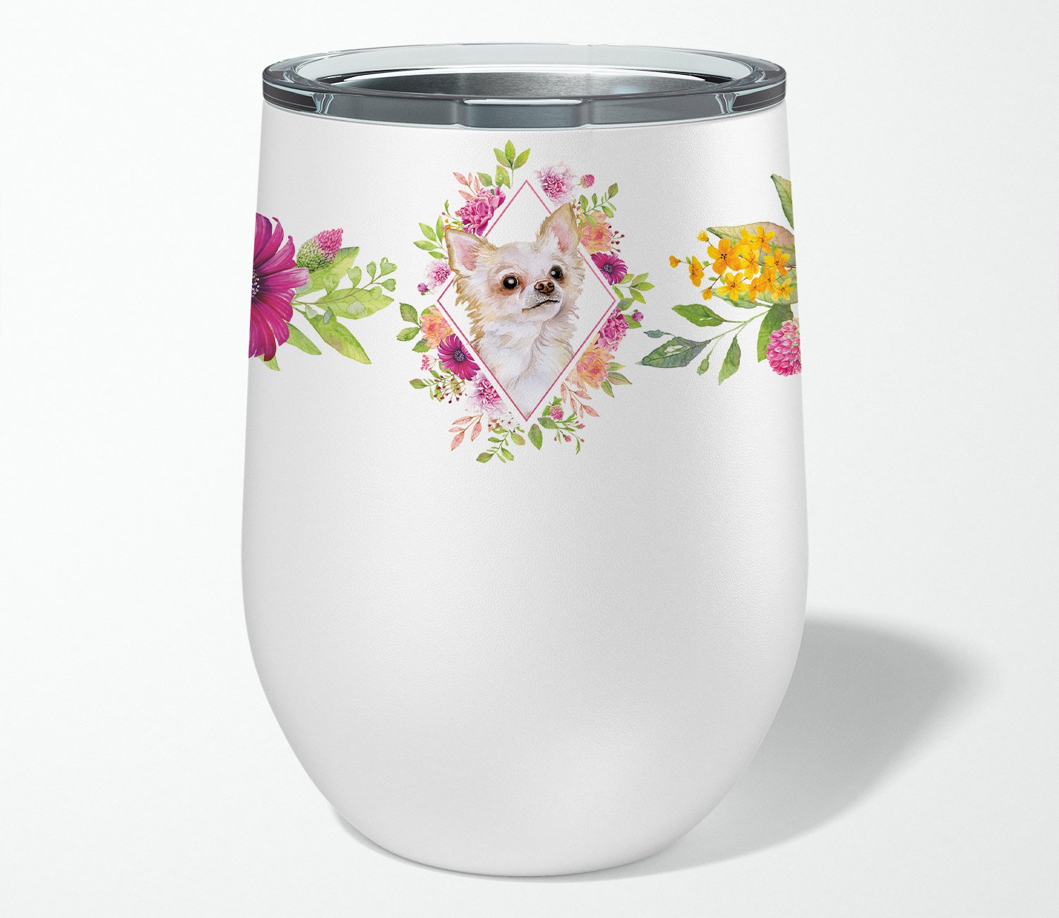 Long Hair Chihuahua Pink Flowers Stainless Steel 12 oz Stemless Wine Glass CK4127TBL12 by Caroline's Treasures