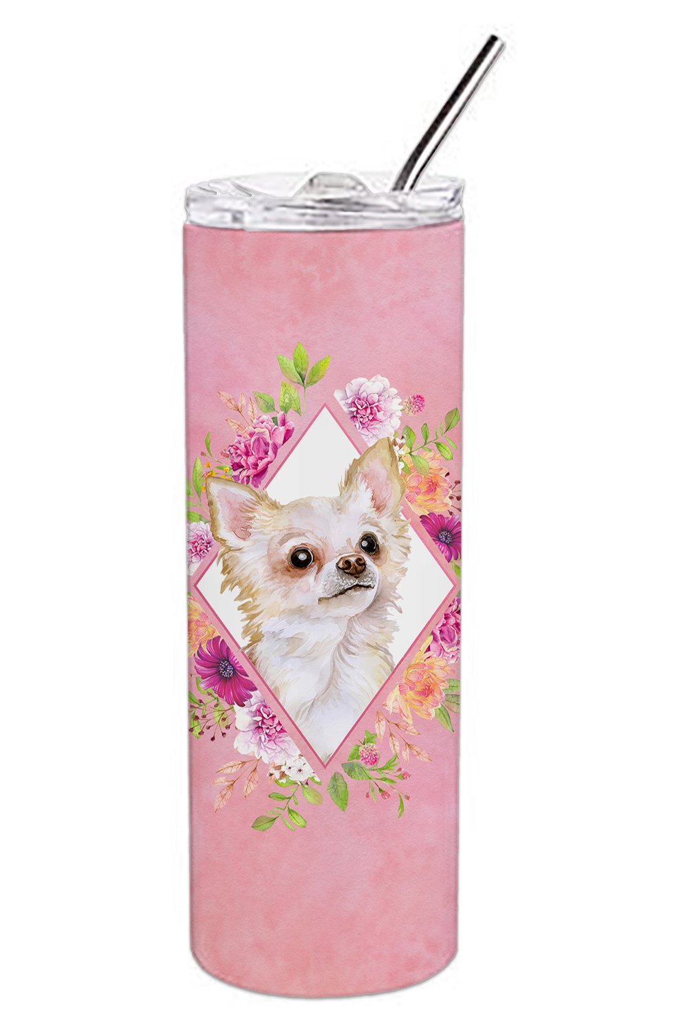 Long Hair Chihuahua Pink Flowers Double Walled Stainless Steel 20 oz Skinny Tumbler CK4127TBL20 by Caroline&#39;s Treasures