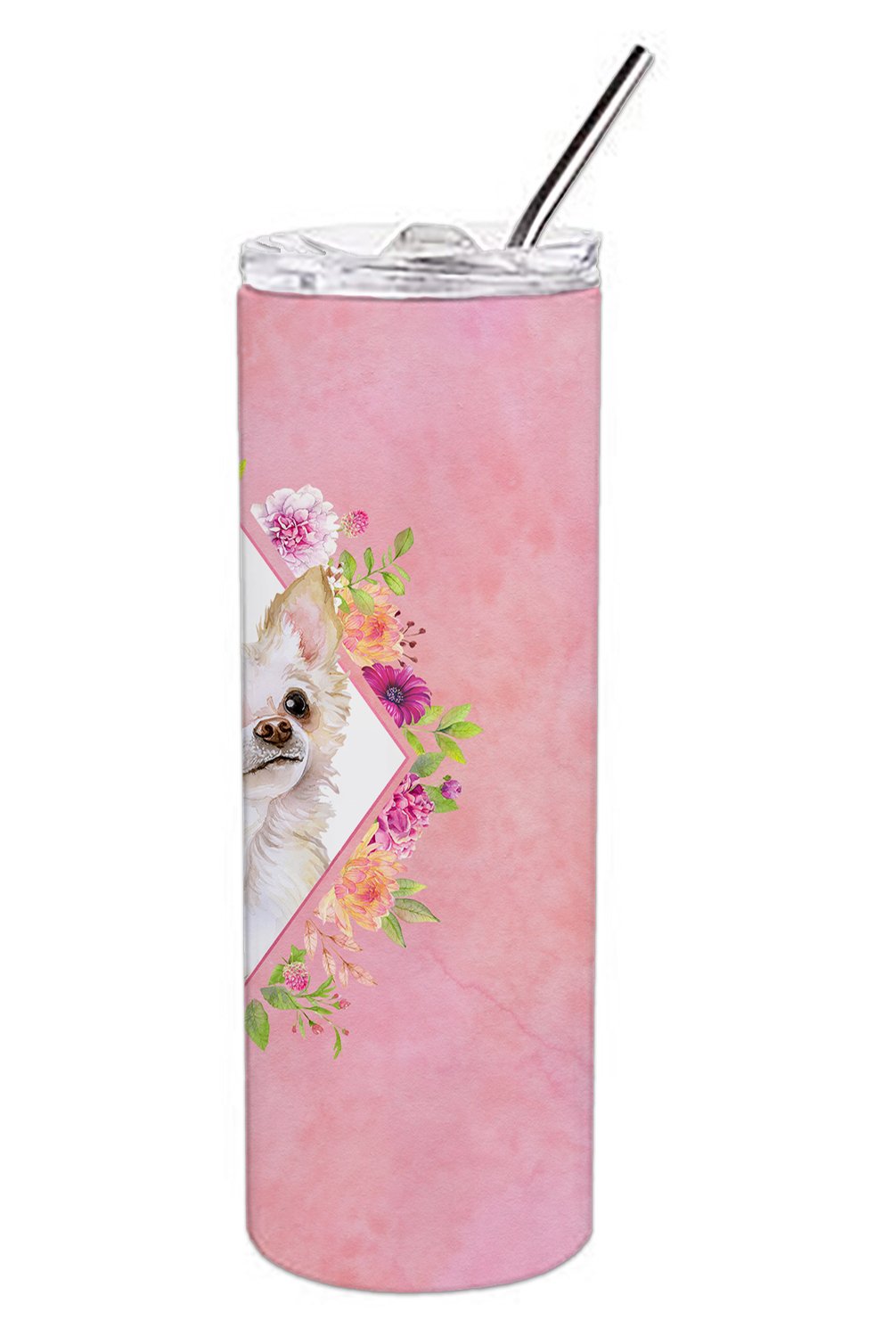 Long Hair Chihuahua Pink Flowers Double Walled Stainless Steel 20 oz Skinny Tumbler CK4127TBL20 by Caroline's Treasures