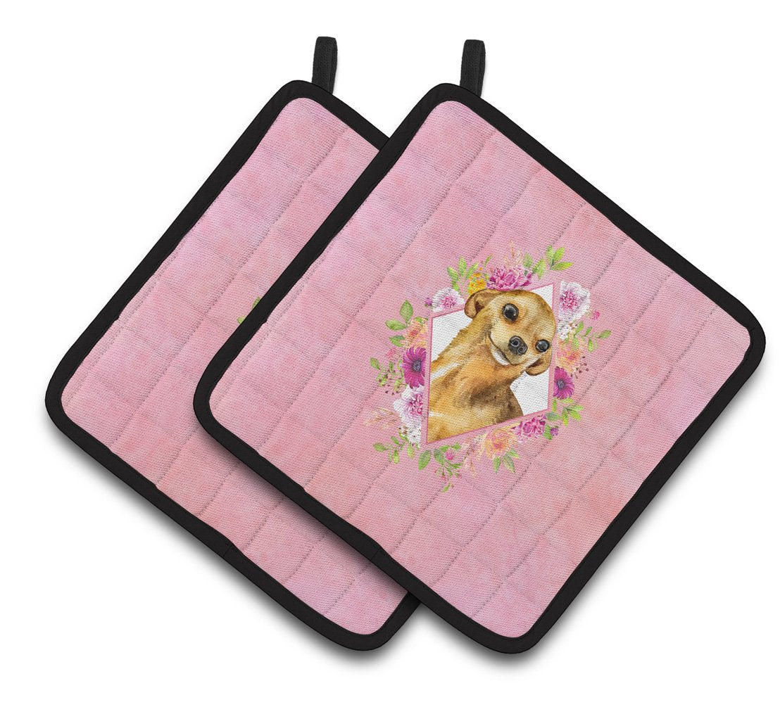 Chihuahua #1 Pink Flowers Pair of Pot Holders CK4128PTHD by Caroline&#39;s Treasures