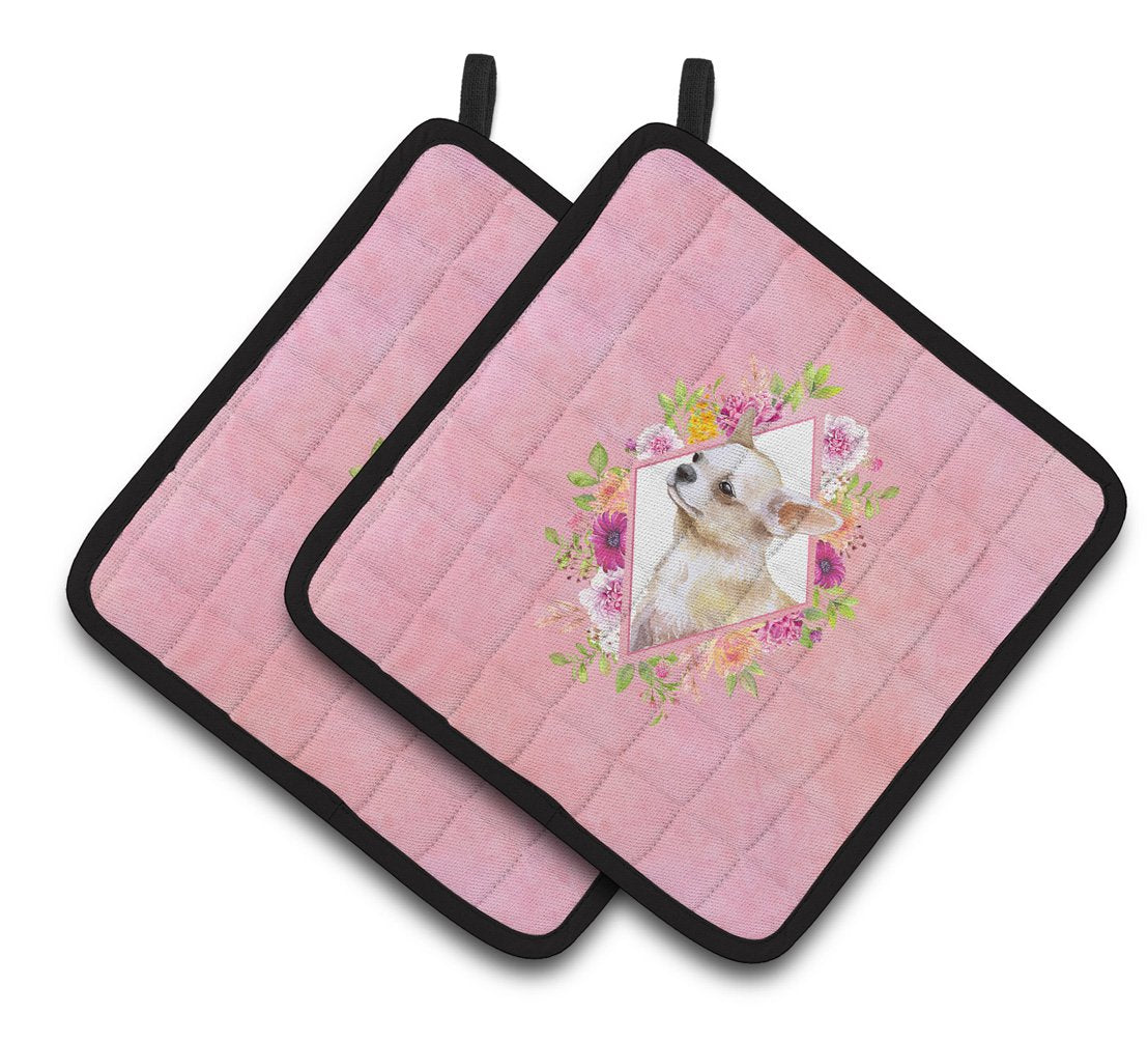 Chihuahua #2 Pink Flowers Pair of Pot Holders CK4129PTHD by Caroline&#39;s Treasures