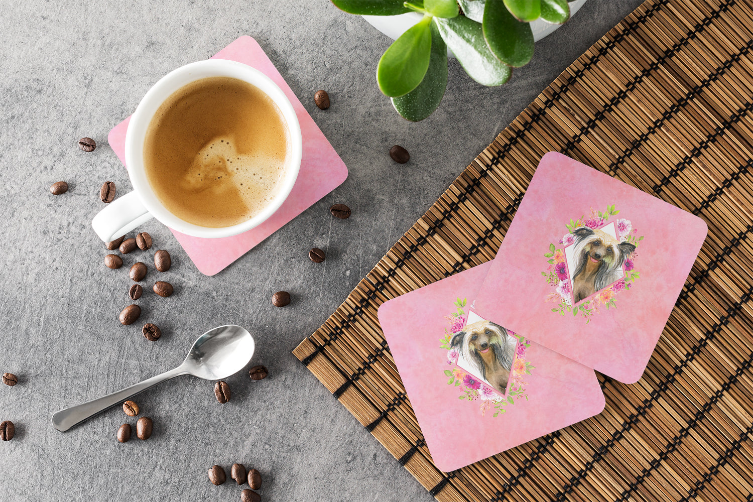 Set of 4 Chinese Crested Pink Flowers Foam Coasters Set of 4 CK4130FC - the-store.com