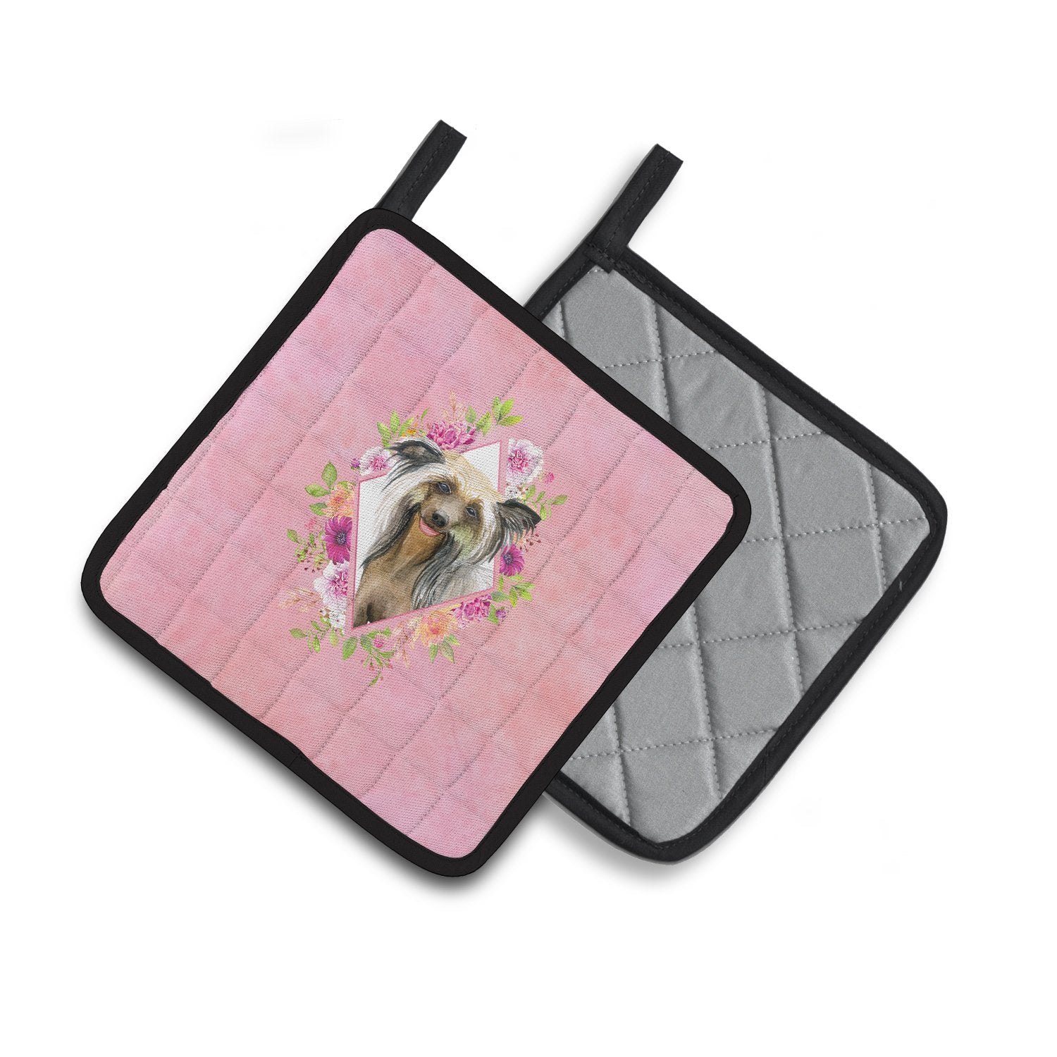 Chinese Crested Pink Flowers Pair of Pot Holders CK4130PTHD by Caroline's Treasures