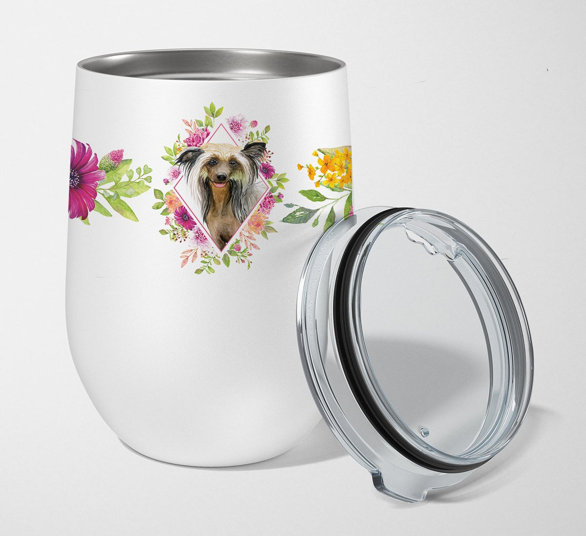 Chinese Crested Pink Flowers Stainless Steel 12 oz Stemless Wine Glass CK4130TBL12 by Caroline&#39;s Treasures