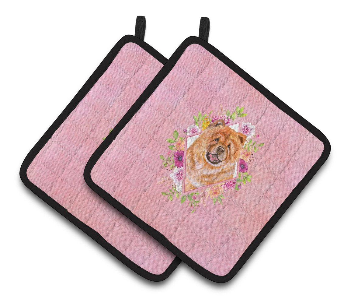 Chow Chow #1 Pink Flowers Pair of Pot Holders CK4131PTHD by Caroline&#39;s Treasures