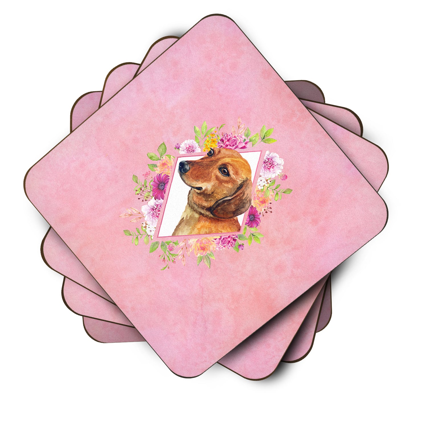Set of 4 Dachshund Red #1 Pink Flowers Foam Coasters Set of 4 CK4134FC - the-store.com