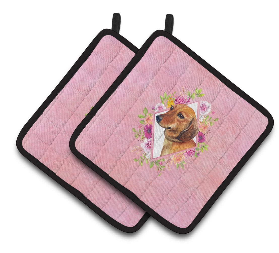 Dachshund Red #1 Pink Flowers Pair of Pot Holders CK4134PTHD by Caroline&#39;s Treasures
