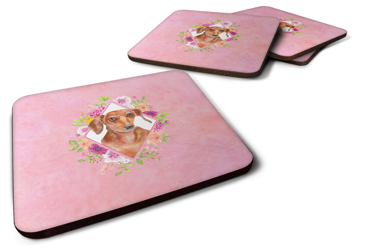 Set of 4 Dachshund Red #2 Pink Flowers Foam Coasters Set of 4 CK4135FC - the-store.com