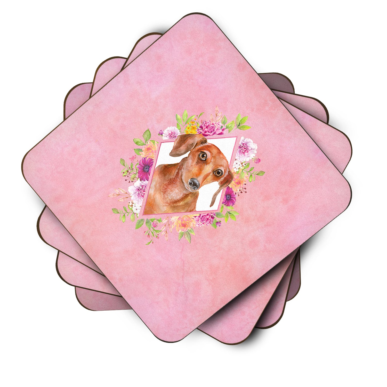 Set of 4 Dachshund Red #2 Pink Flowers Foam Coasters Set of 4 CK4135FC - the-store.com