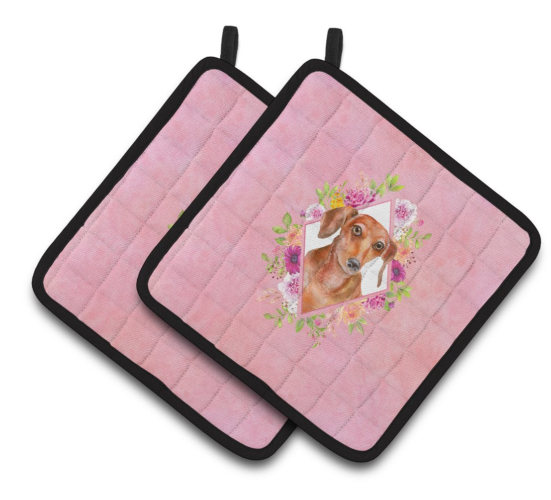 Dachshund Red #2 Pink Flowers Pair of Pot Holders CK4135PTHD by Caroline&#39;s Treasures