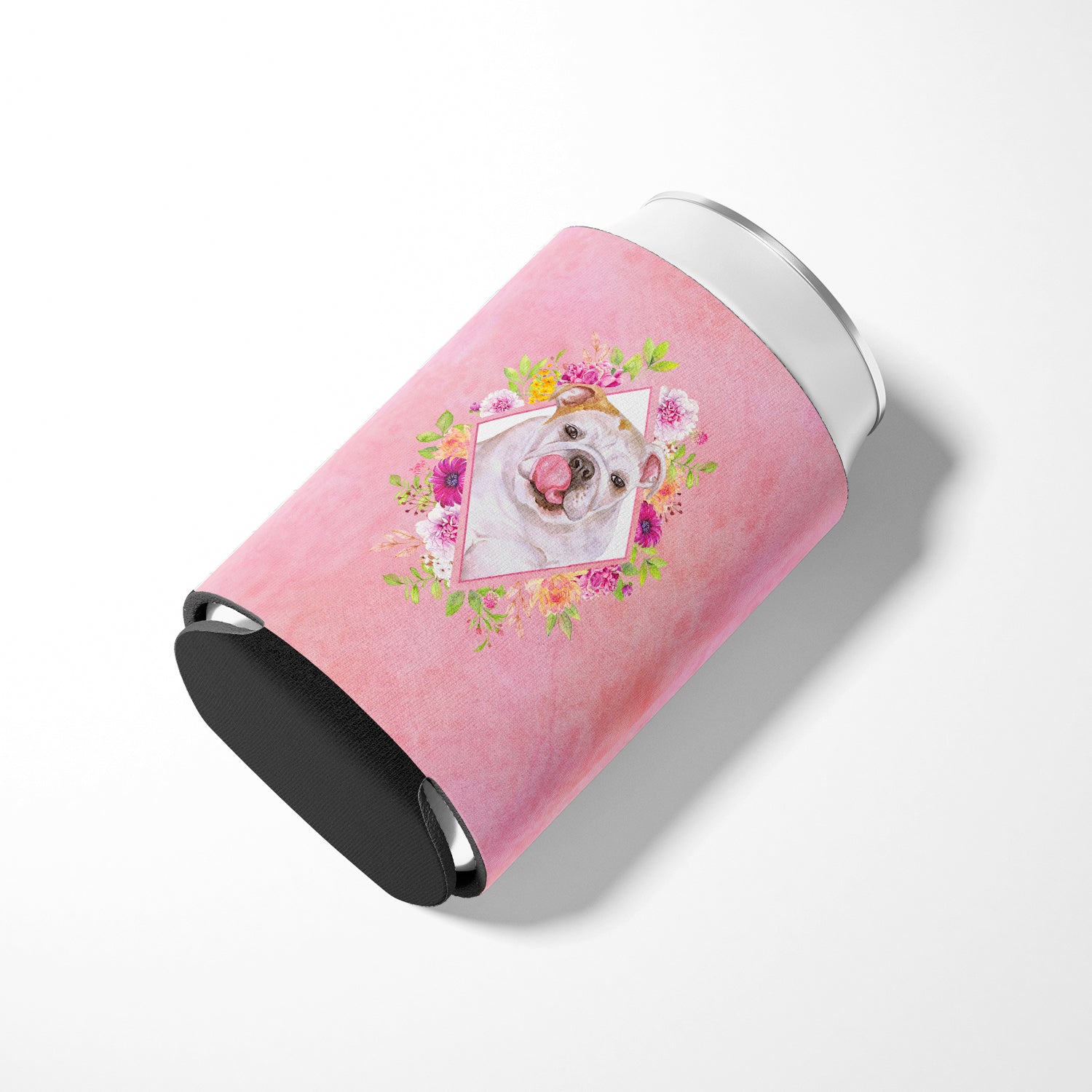 English Bulldog Pink Flowers Can or Bottle Hugger CK4140CC