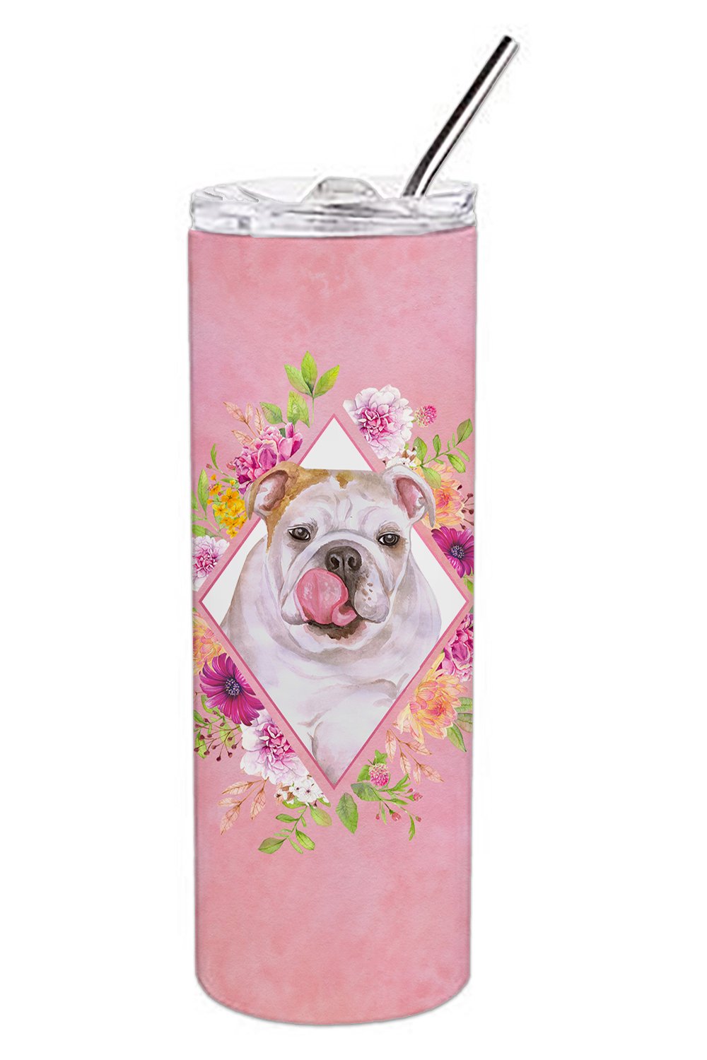 English Bulldog Pink Flowers Double Walled Stainless Steel 20 oz Skinny Tumbler CK4140TBL20 by Caroline&#39;s Treasures
