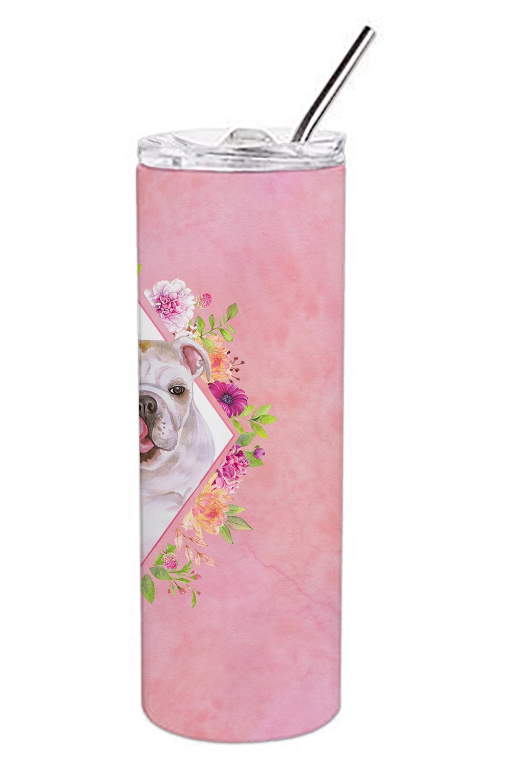 English Bulldog Pink Flowers Double Walled Stainless Steel 20 oz Skinny Tumbler CK4140TBL20 by Caroline's Treasures