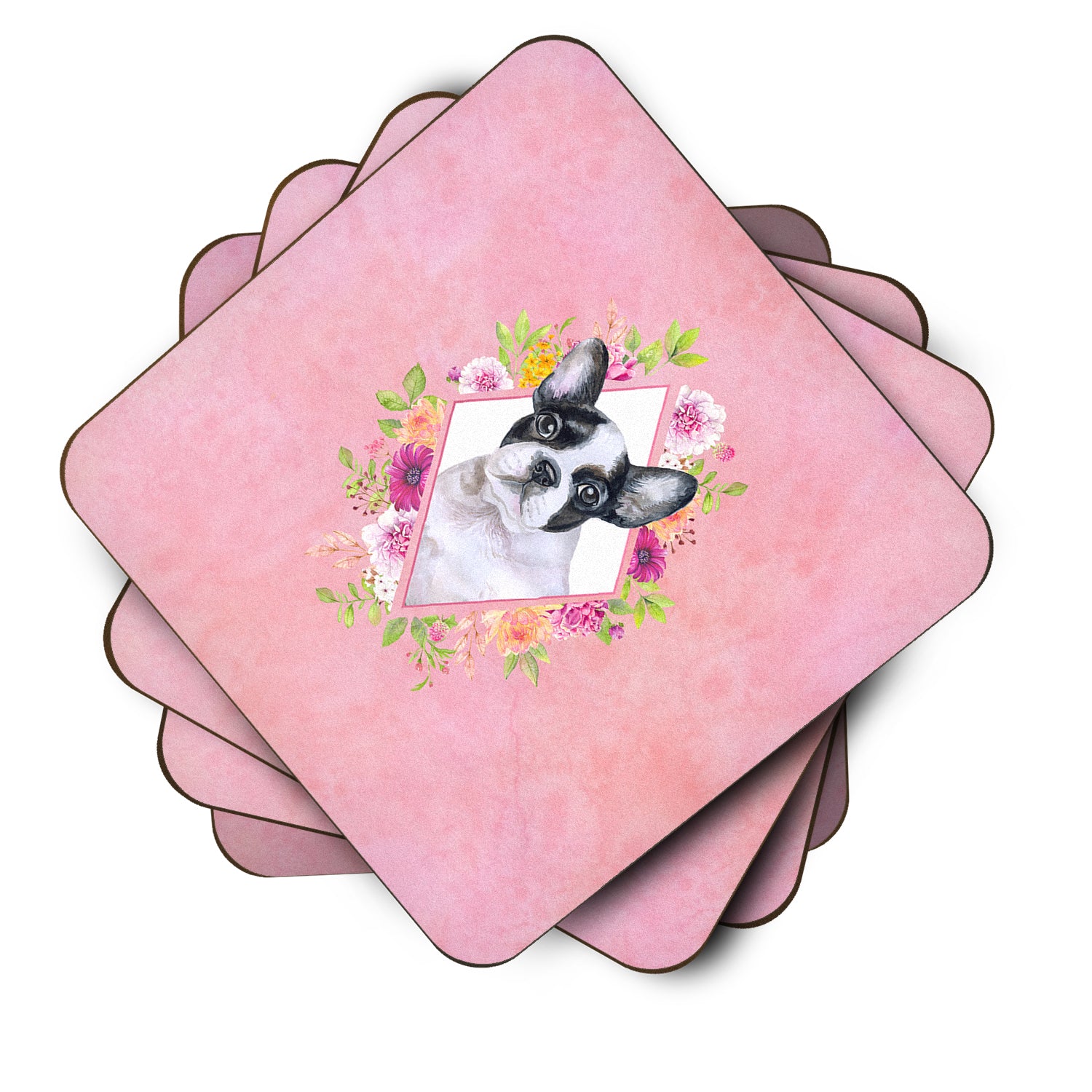 Set of 4 French Bulldog Pink Flowers Foam Coasters Set of 4 CK4143FC - the-store.com